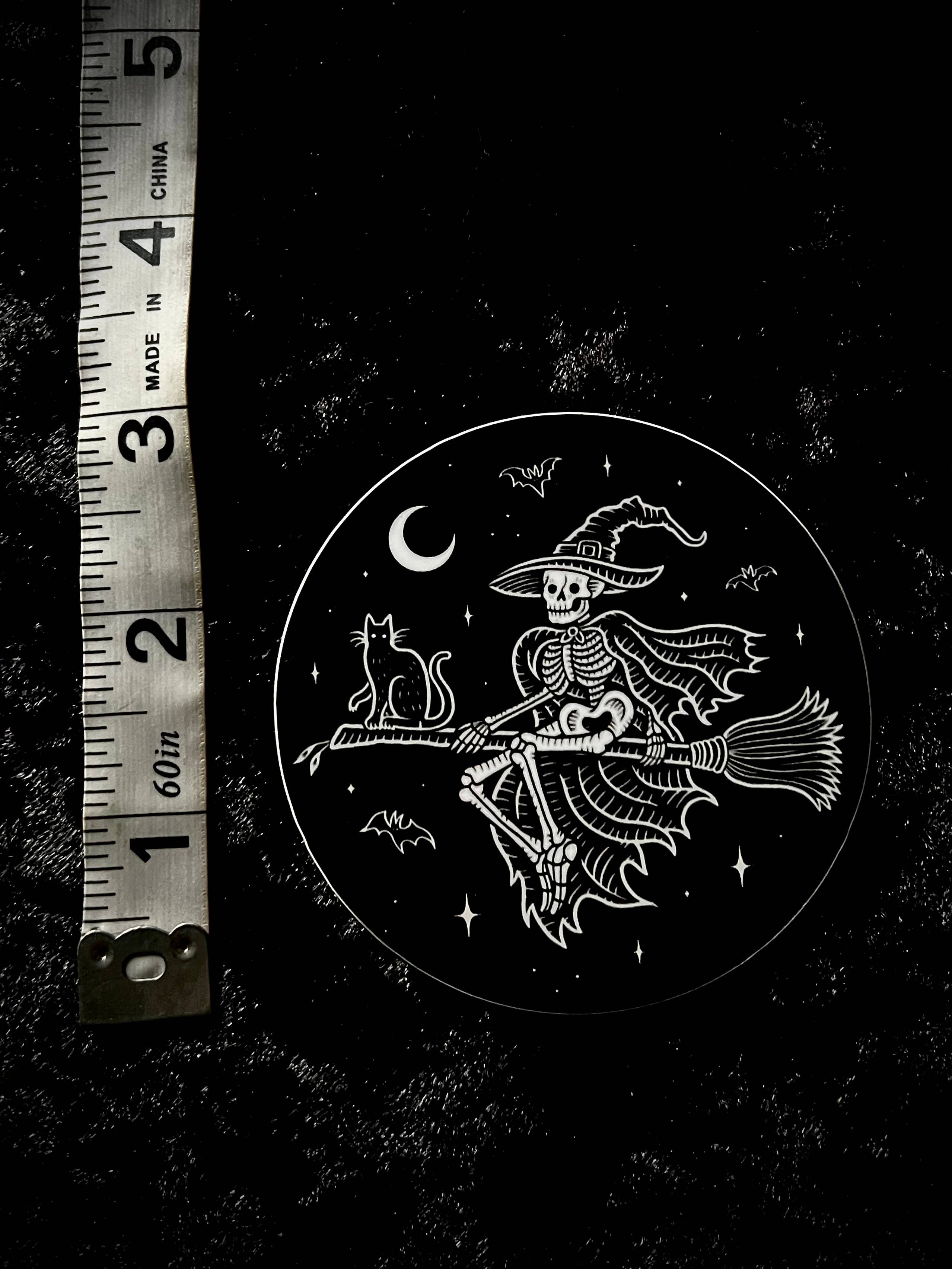 Skeleton Witch Sticker: Waterproof, Spooky Whimsical Gothic