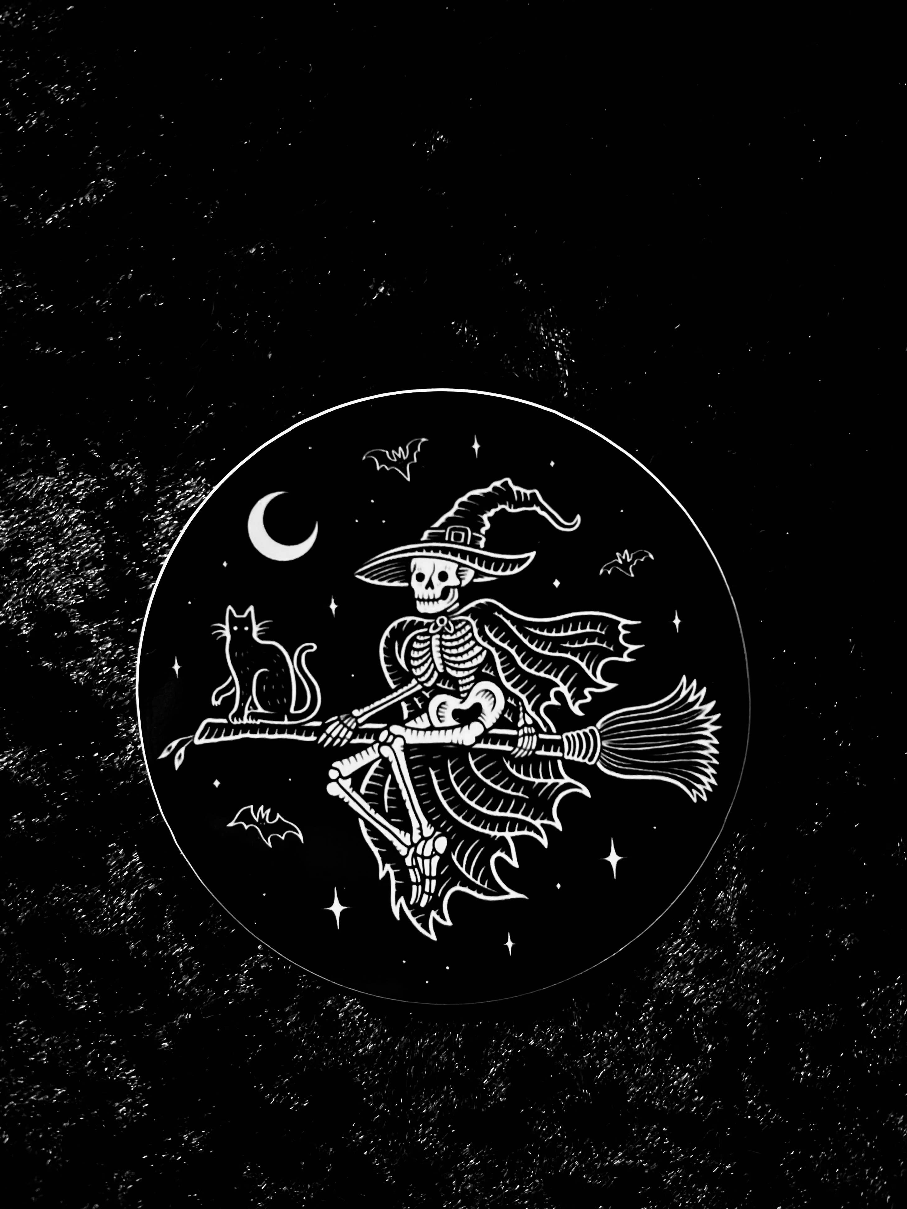 Skeleton Witch Sticker: Waterproof, Spooky Whimsical Gothic