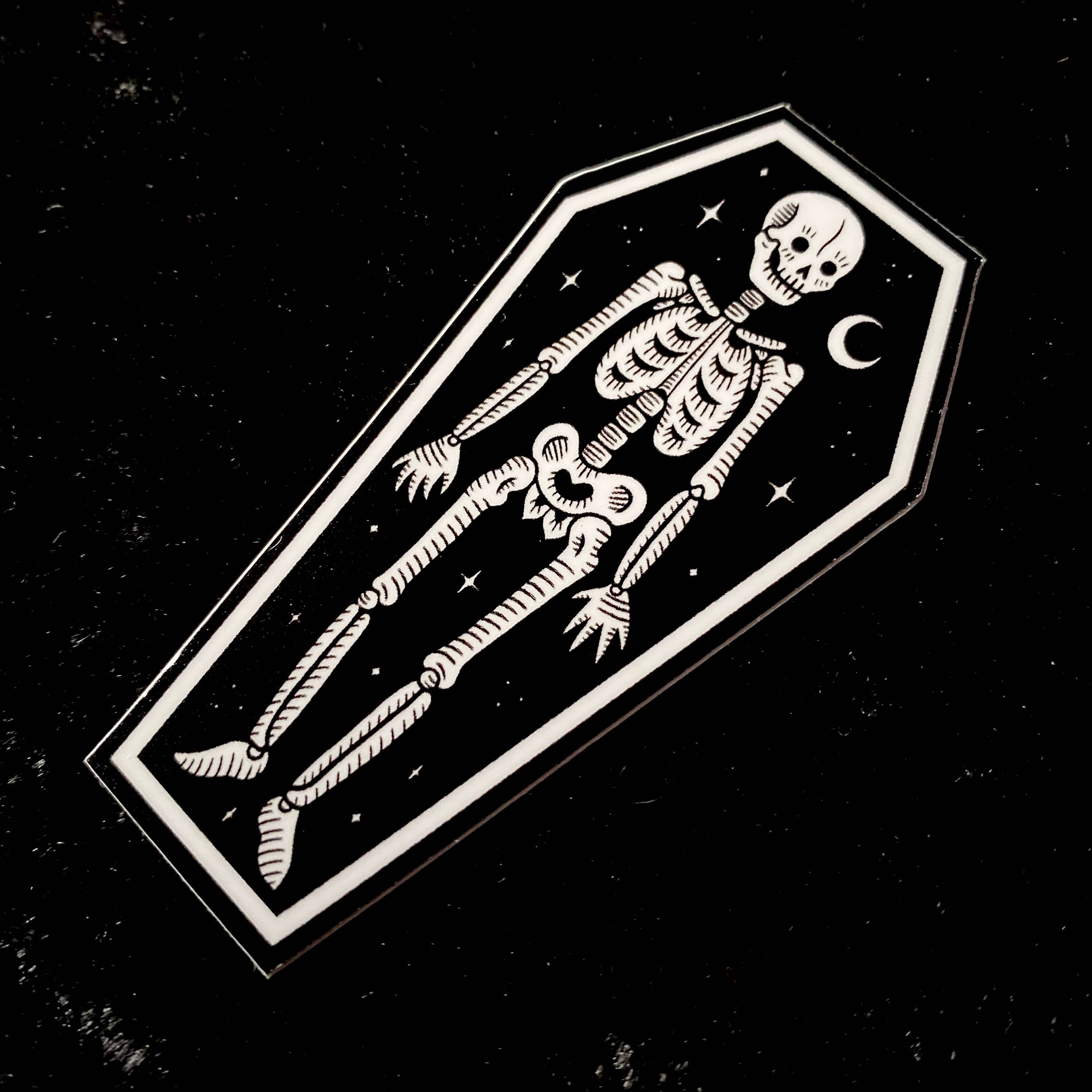 Skeleton in Coffin Sticker: Waterproof, Spooky Whimsical Art