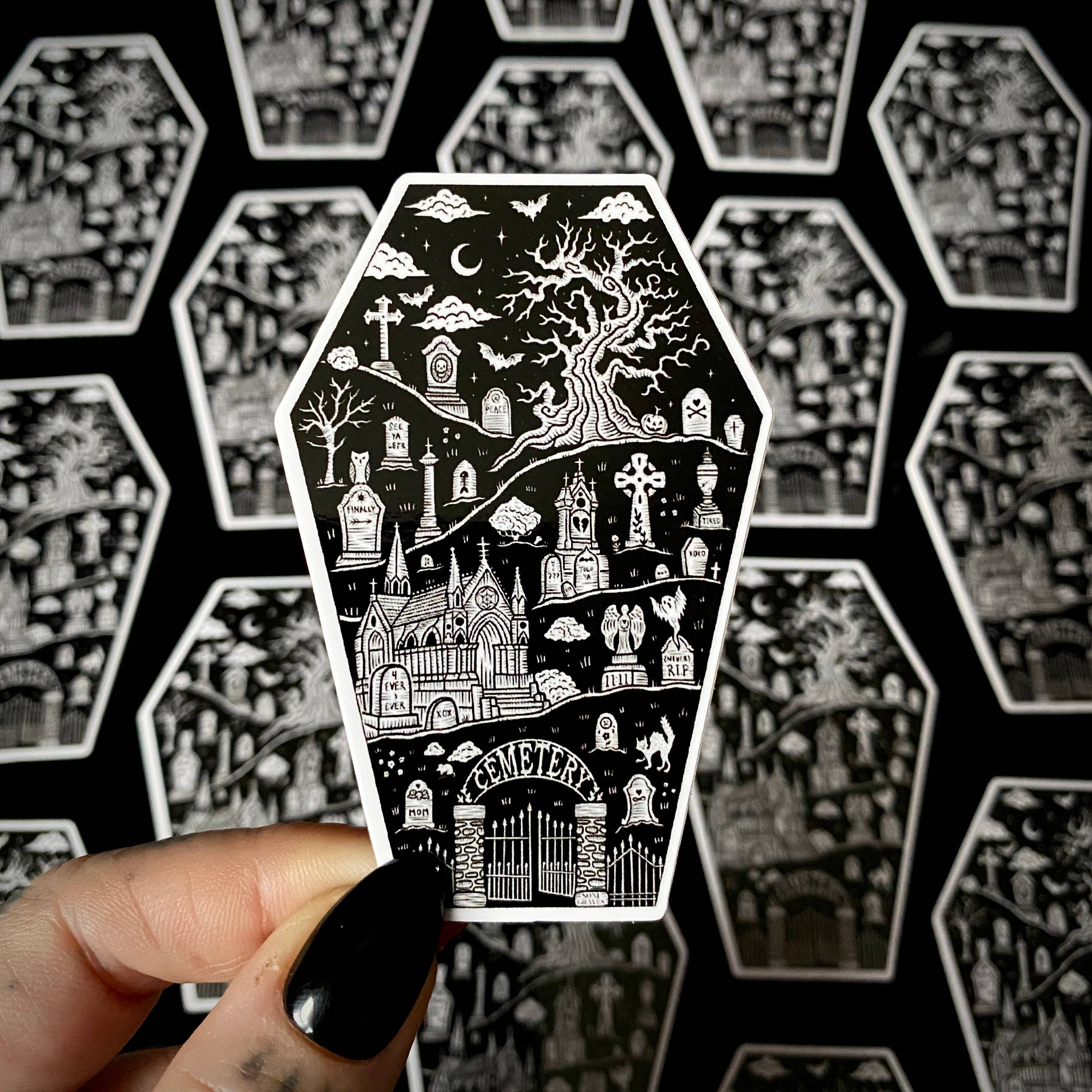 Cemetery Stroll Sticker: Waterproof, Spooky Whimsical Death