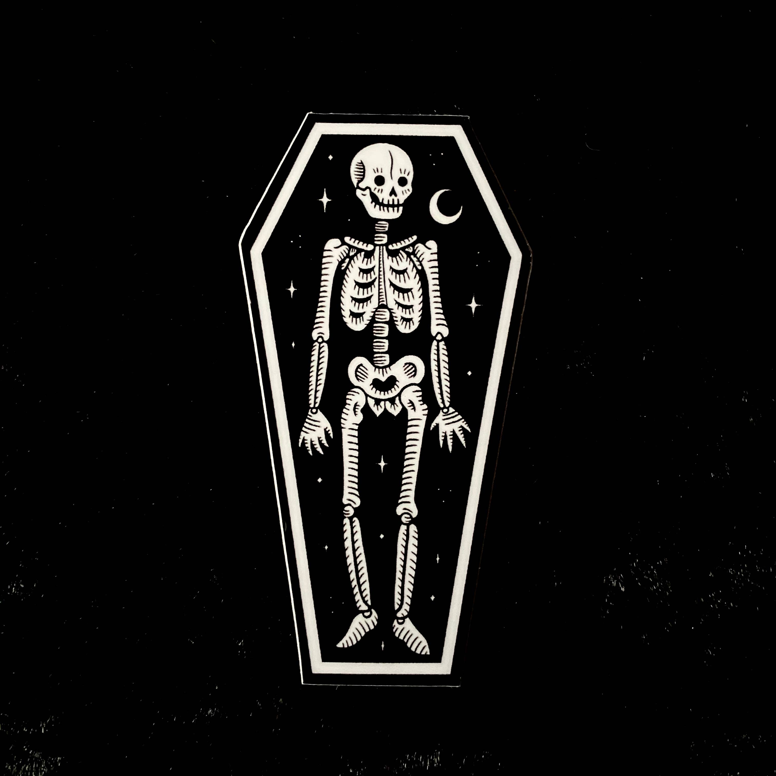 Skeleton in Coffin Sticker: Waterproof, Spooky Whimsical Art