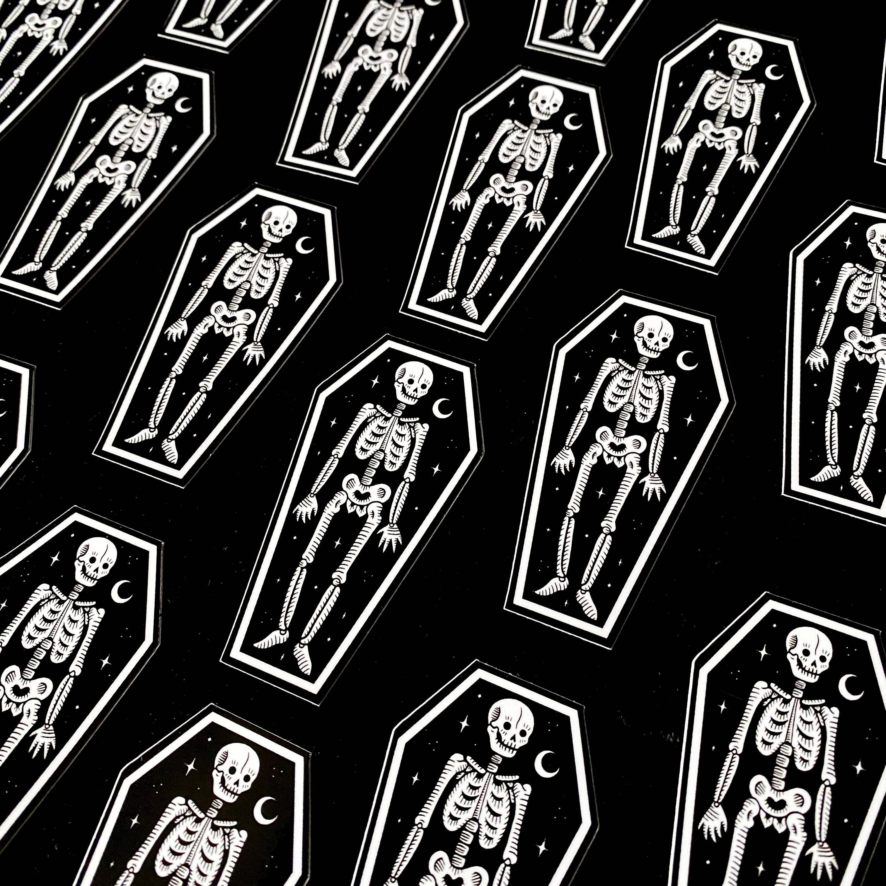Skeleton in Coffin Sticker: Waterproof, Spooky Whimsical Art