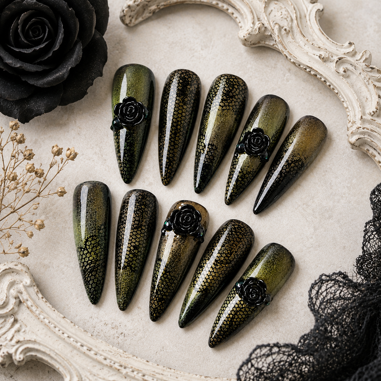 Black Rose Serpent | Luxury Handpainted Gothic Press-On Nails