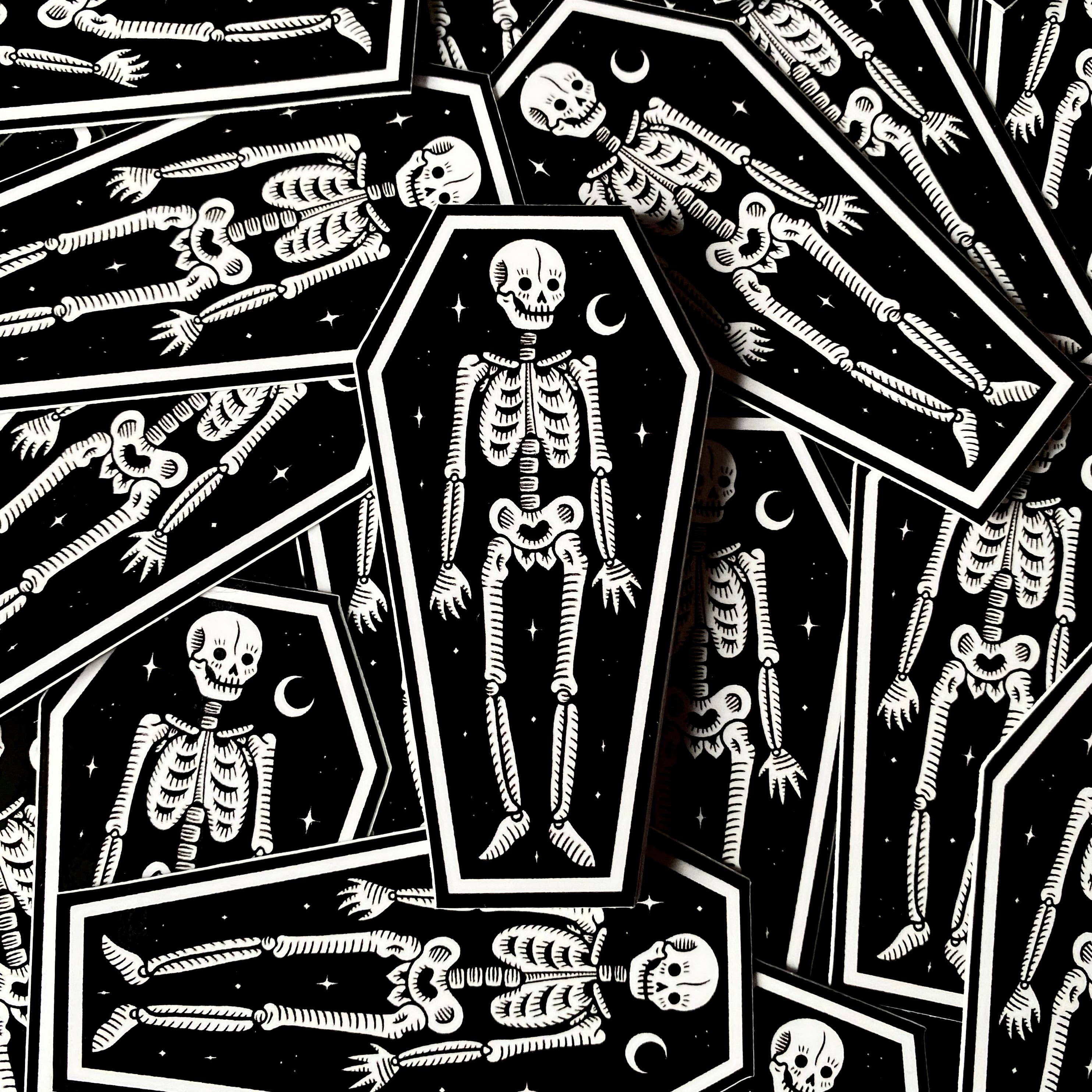 Skeleton in Coffin Sticker: Waterproof, Spooky Whimsical Art