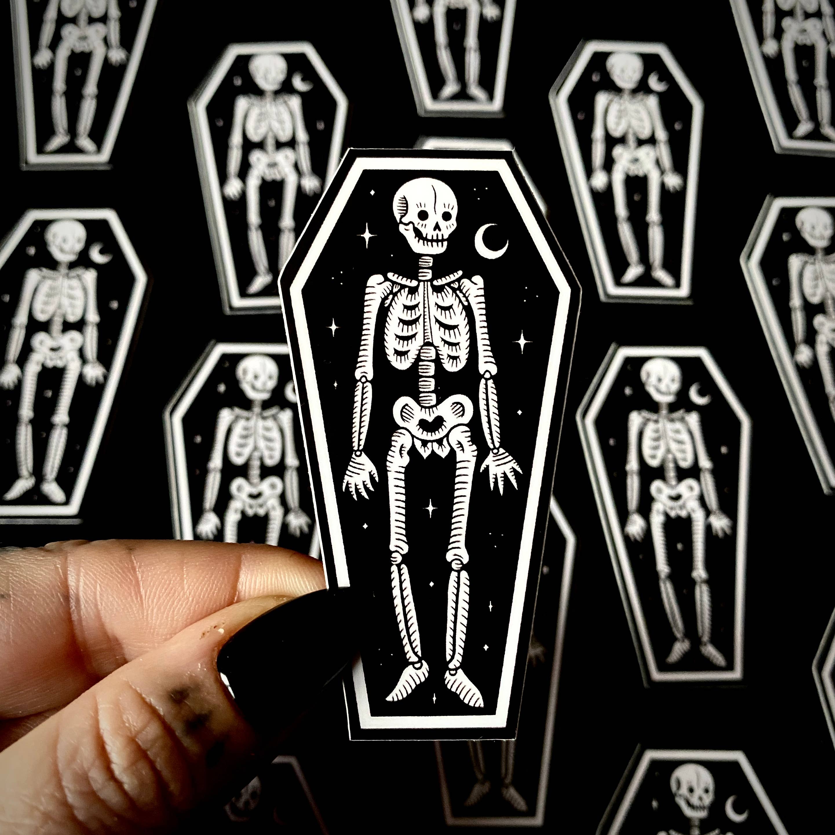 Skeleton in Coffin Sticker: Waterproof, Spooky Whimsical Art