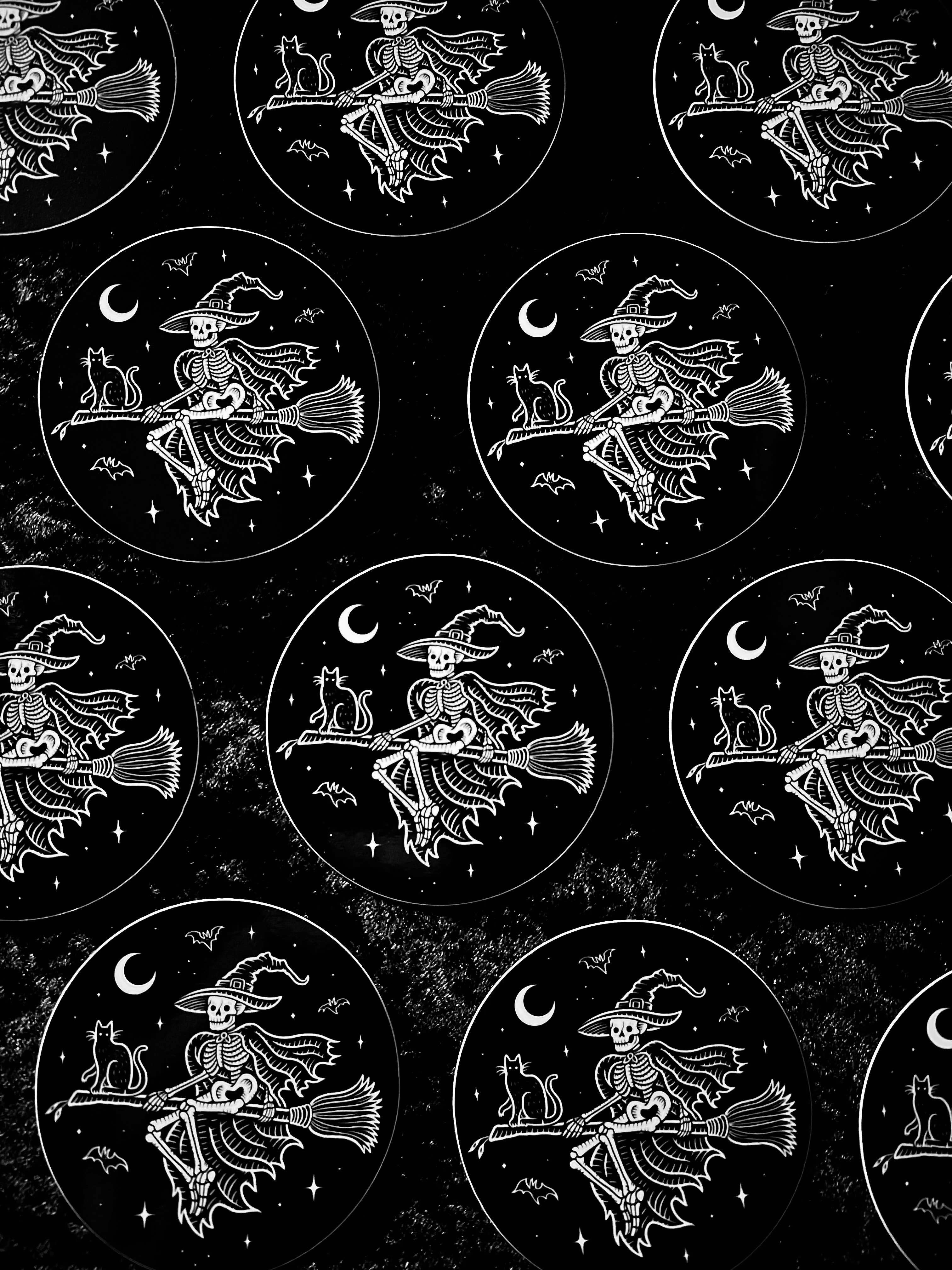 Skeleton Witch Sticker: Waterproof, Spooky Whimsical Gothic