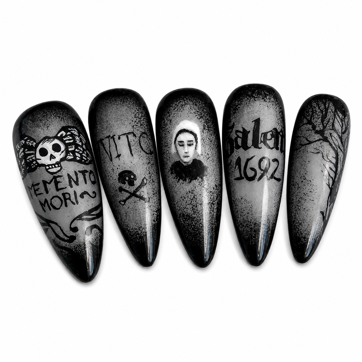Hand-painted black and gray Gothic press-on nail set inspired by the Salem Witch Trials, featuring a Puritan portrait, Memento Mori artwork, Salem 1692 lettering, and a barren tree.