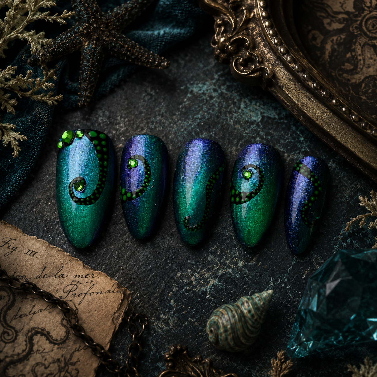 Hand-painted teal and emerald cat-eye press-on nails featuring black octopus tentacles, emerald crystals, and ocean-inspired artwork with a gothic aesthetic.