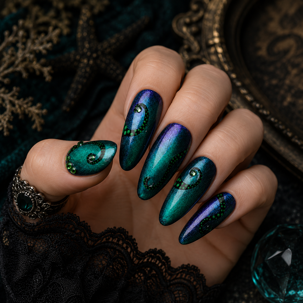 Hand-painted teal and emerald cat-eye press-on nails featuring black octopus tentacles, emerald crystals, and ocean-inspired artwork with a gothic aesthetic.