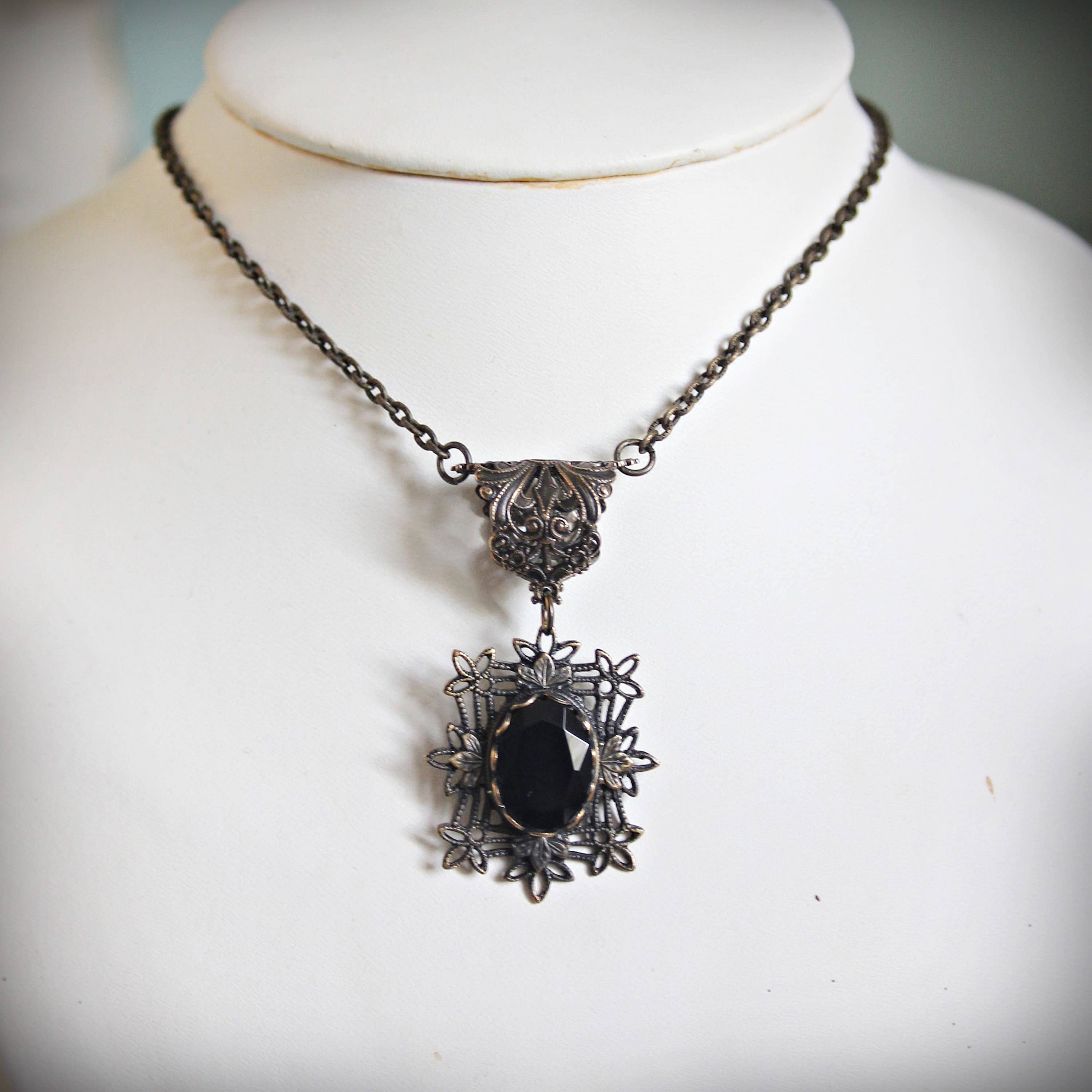 Victorian Filigree Faceted Black Onyx Necklace
