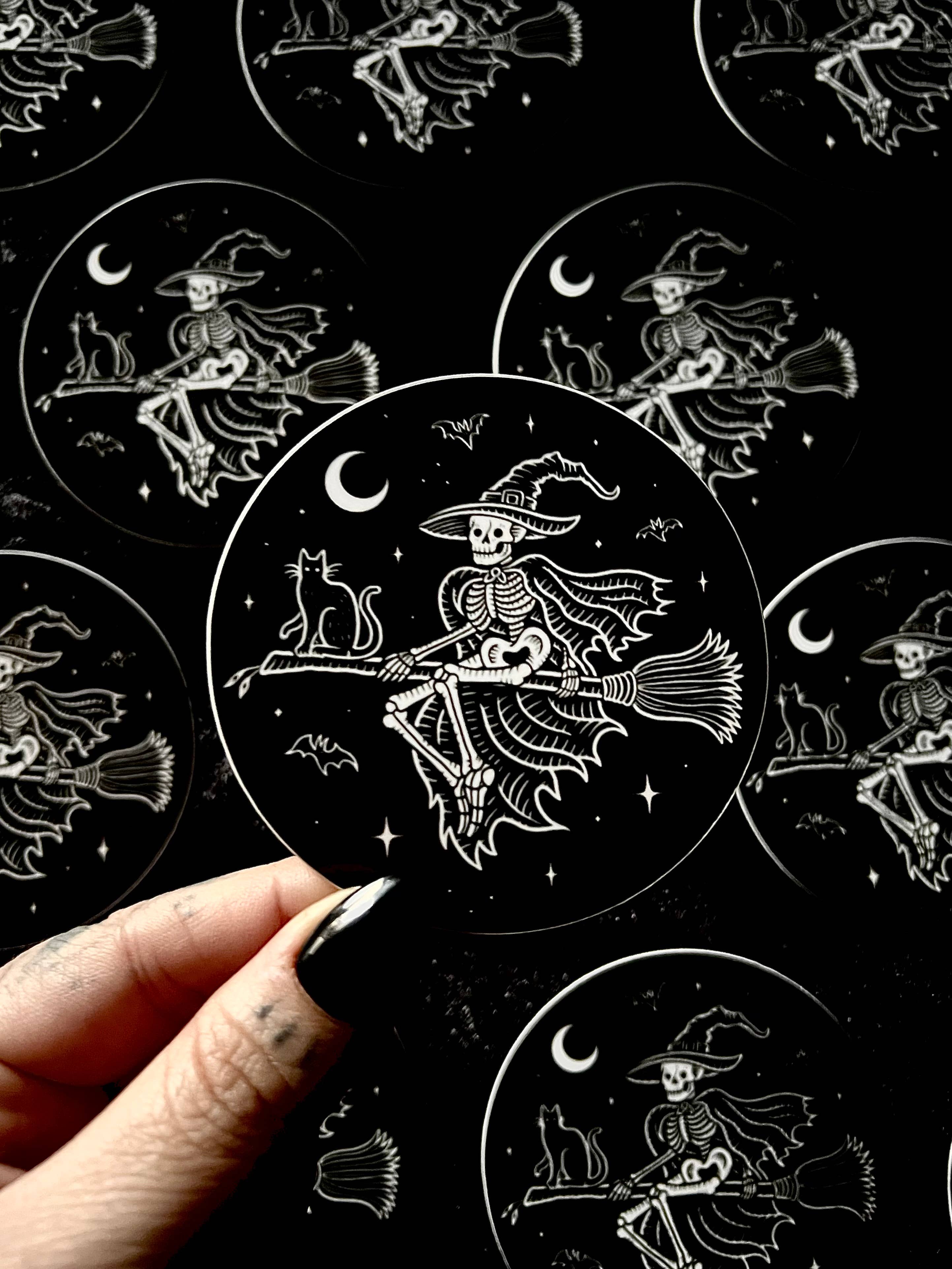 Skeleton Witch Sticker: Waterproof, Spooky Whimsical Gothic