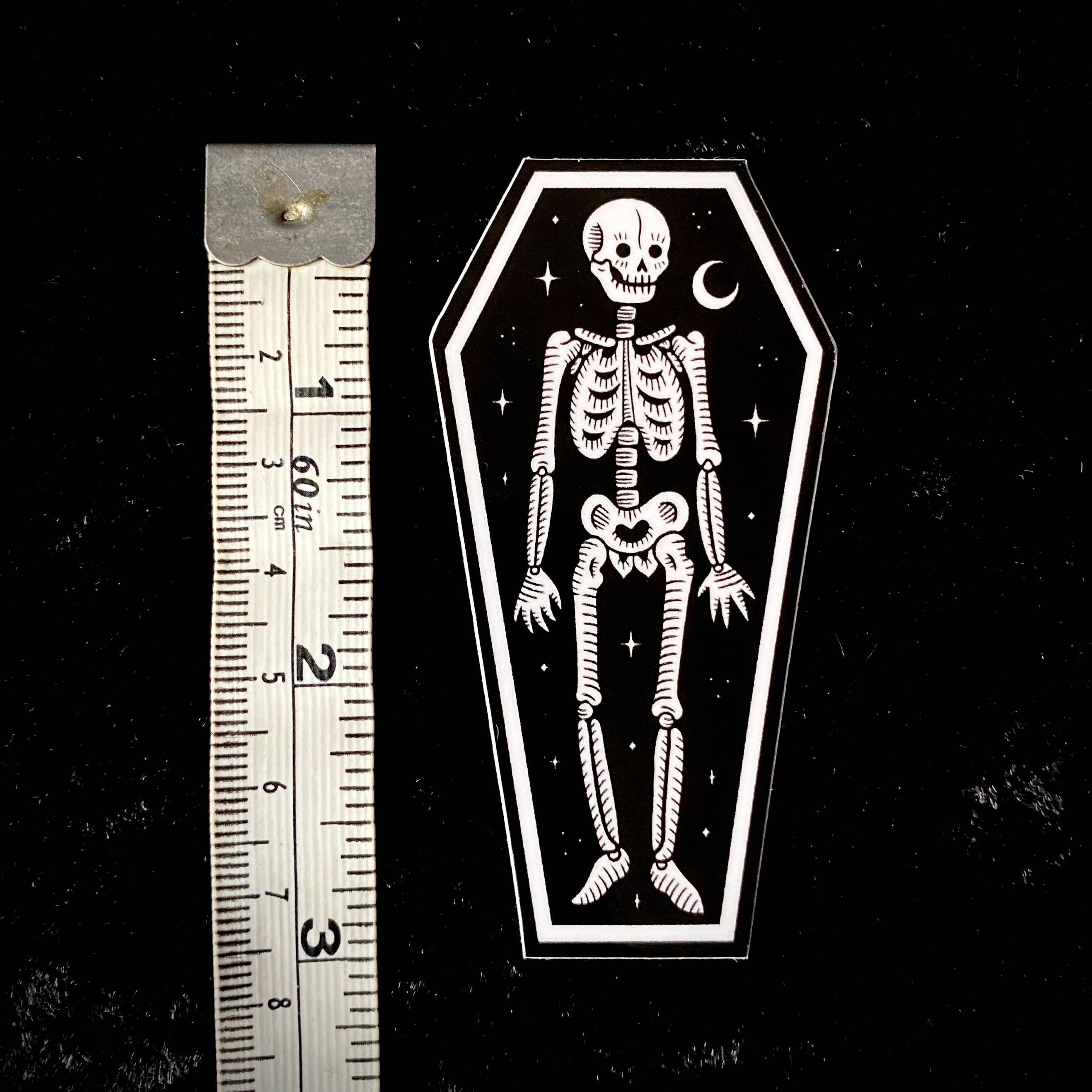 Skeleton in Coffin Sticker: Waterproof, Spooky Whimsical Art