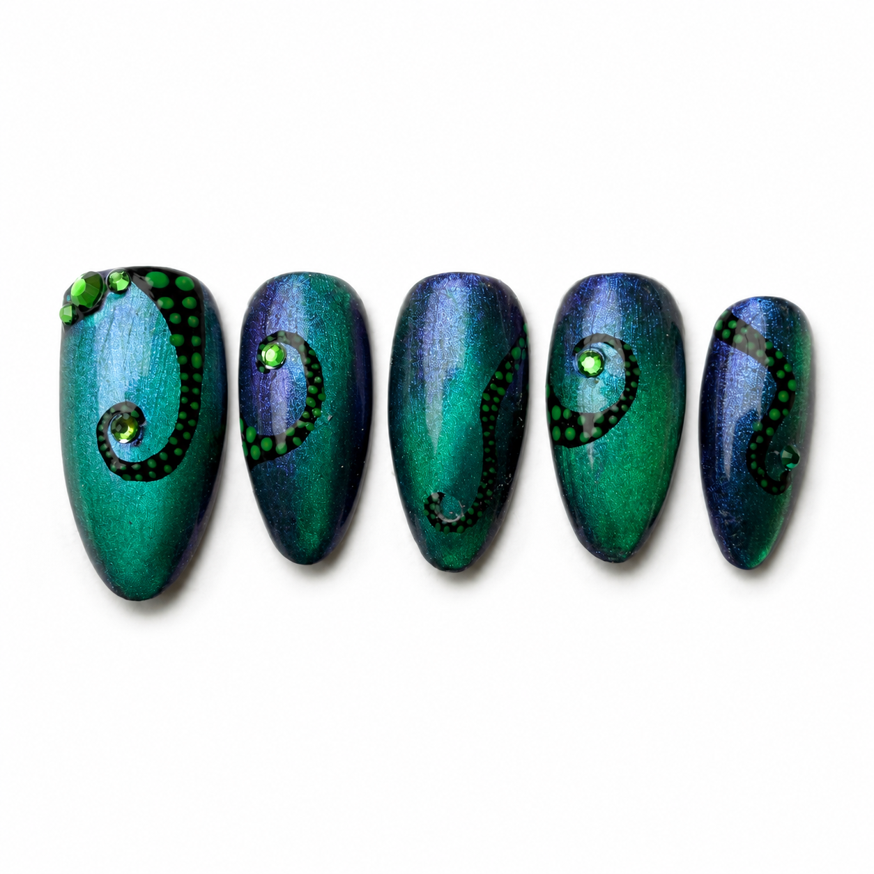 Hand-painted teal and emerald cat-eye press-on nails featuring black octopus tentacles, emerald crystals, and ocean-inspired artwork with a gothic aesthetic.