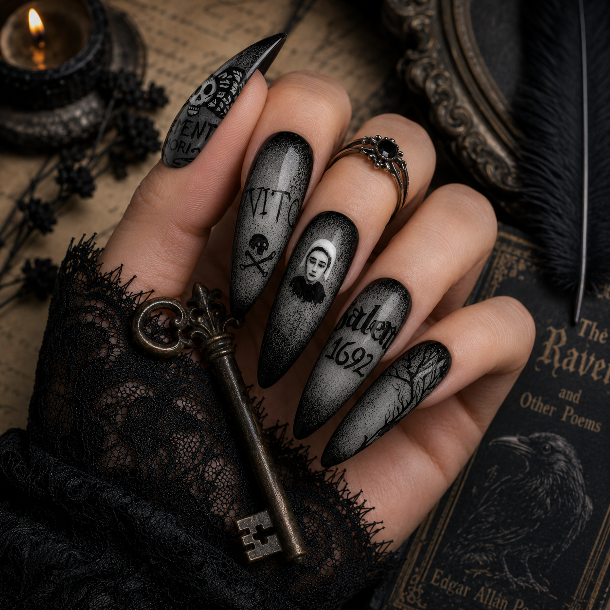 Hand-painted black and gray Gothic press-on nail set inspired by the Salem Witch Trials, featuring a Puritan portrait, Memento Mori artwork, Salem 1692 lettering, and a barren tree.